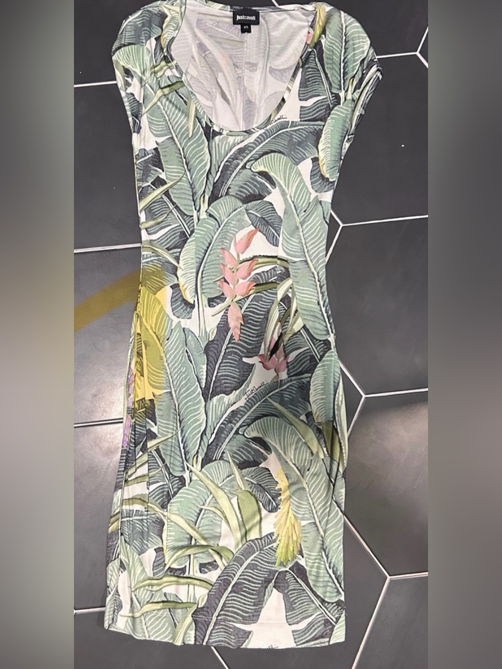Just Cavalli Green Palm-Print Midi Dress with Pink Accents